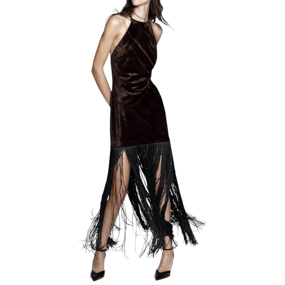 ZARA Velvet Fringe Midi Dress Women’s Small NWT Brown Cocktail Party Statement